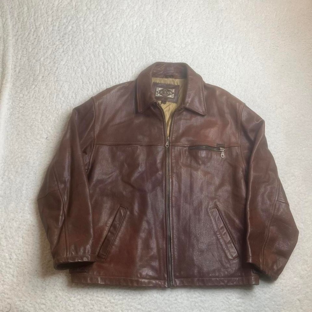 Vintage‎ guess jeans men's brown leather bomber jacket full zip 90s crop L